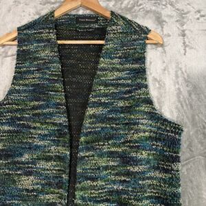Travel Elements Boho Knit Sweater Vest L Blue Green Open Front Chic Indie Hippie